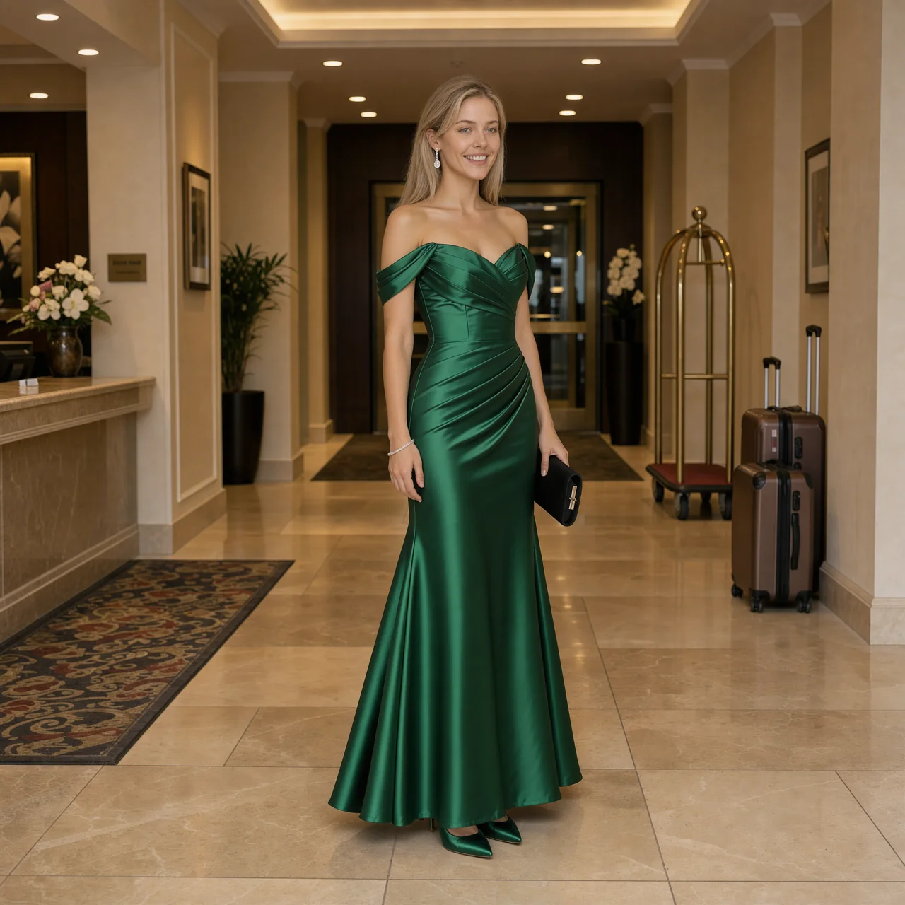 Ana Flávia em vestido longo verde esmeralda