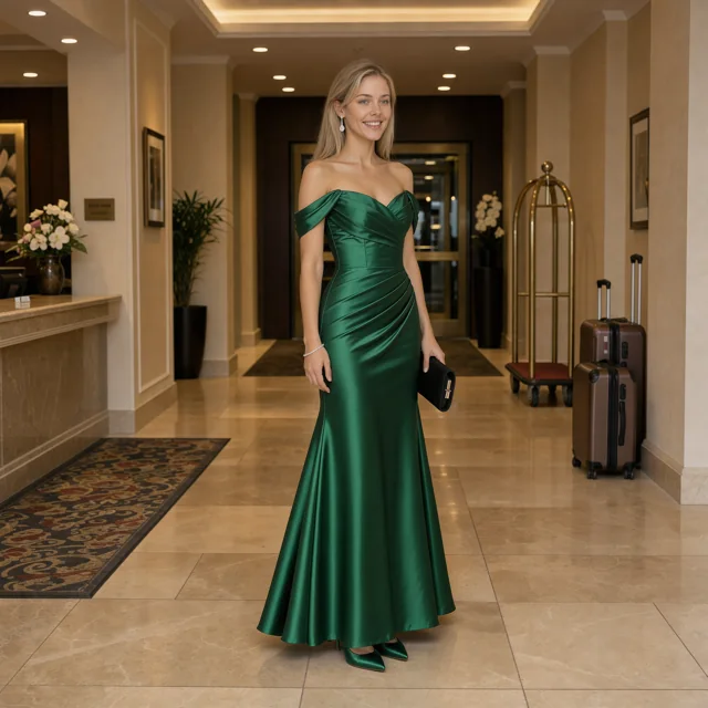 Vestido verde esmeralda em um interior iluminado